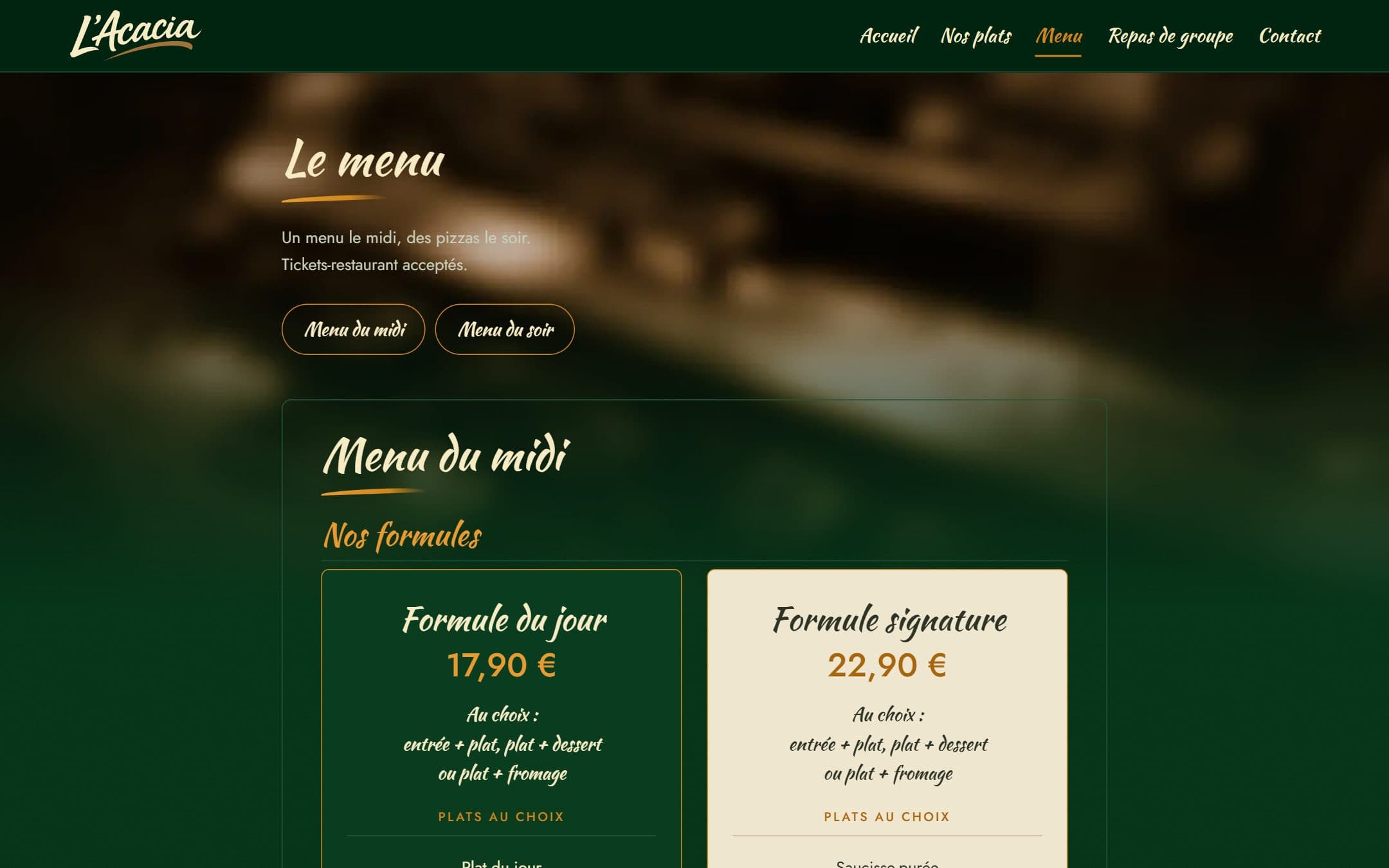 Page « Le menu » du site L'Acacia
