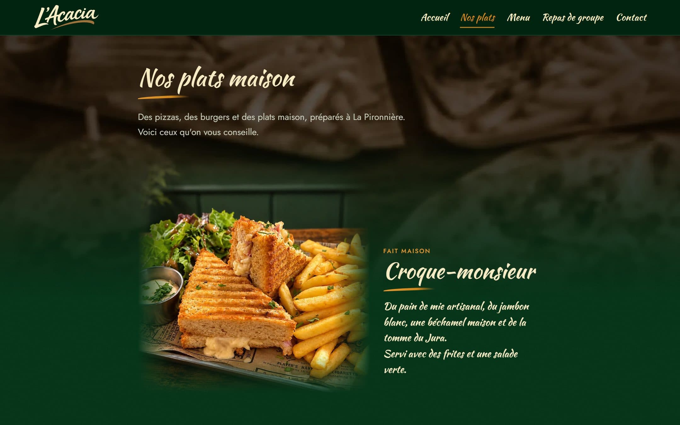 Page « Nos plats maison » du site L'Acacia